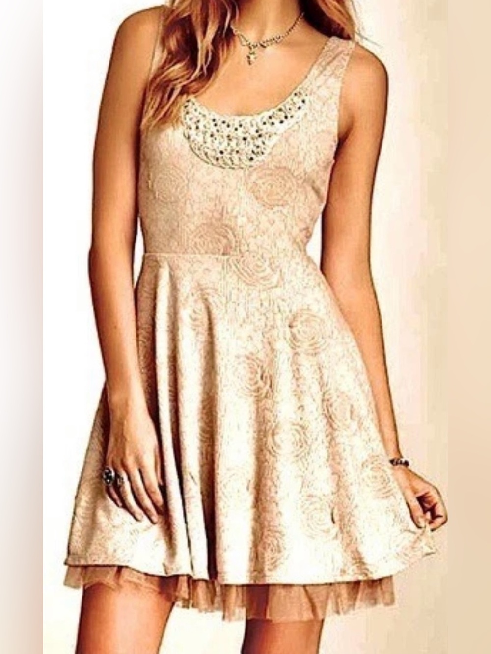 Free People Rock Princess Floral Jacquard Beaded Tulle Mini Dress size M